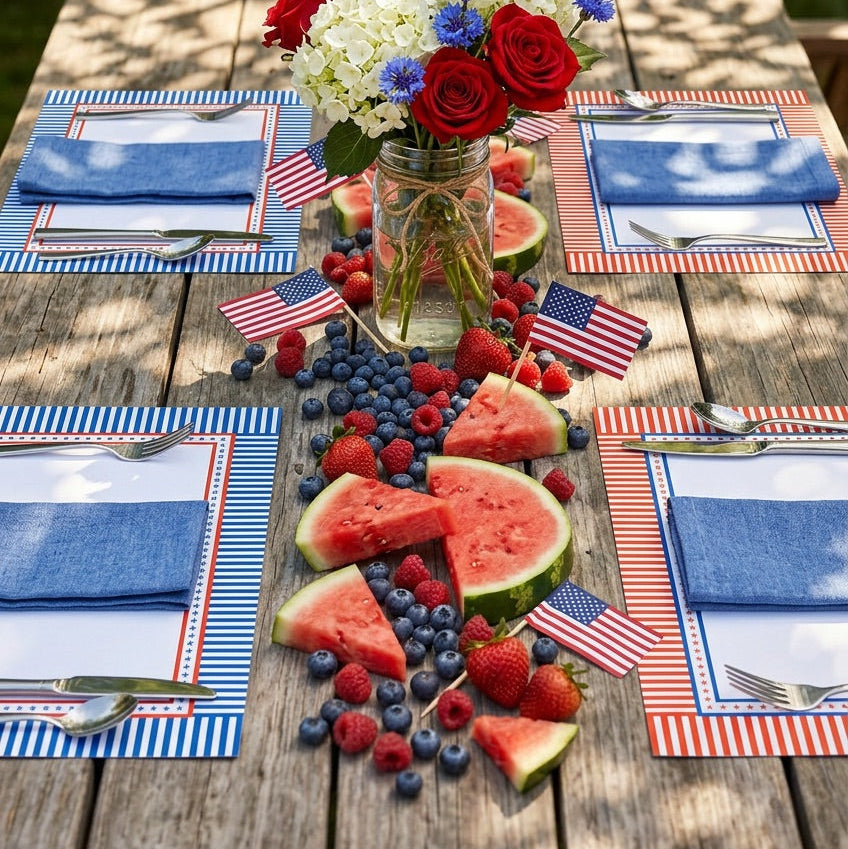 Outdoor table setting with red, white, and blue decorations, including watermelon, berries, and flowers.