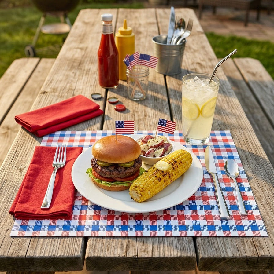 Outdoor picnic setup with a burger, corn on the cob, and drinks on a gingham paper placemat.