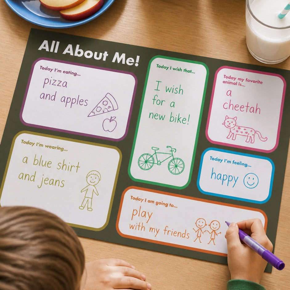 Child filling out a 'All About Me' worksheet at a table with snacks and writing materials.
