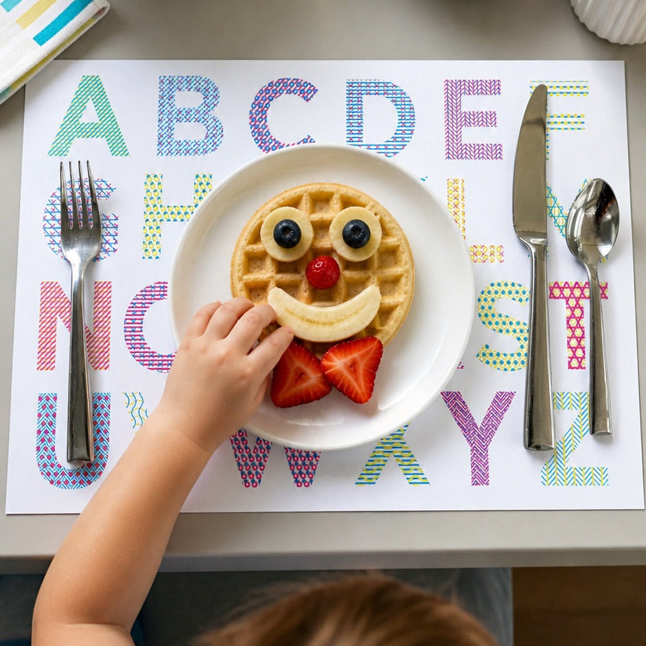 Child at a table with a waffle face, fruit, and a colorful paper placemat.