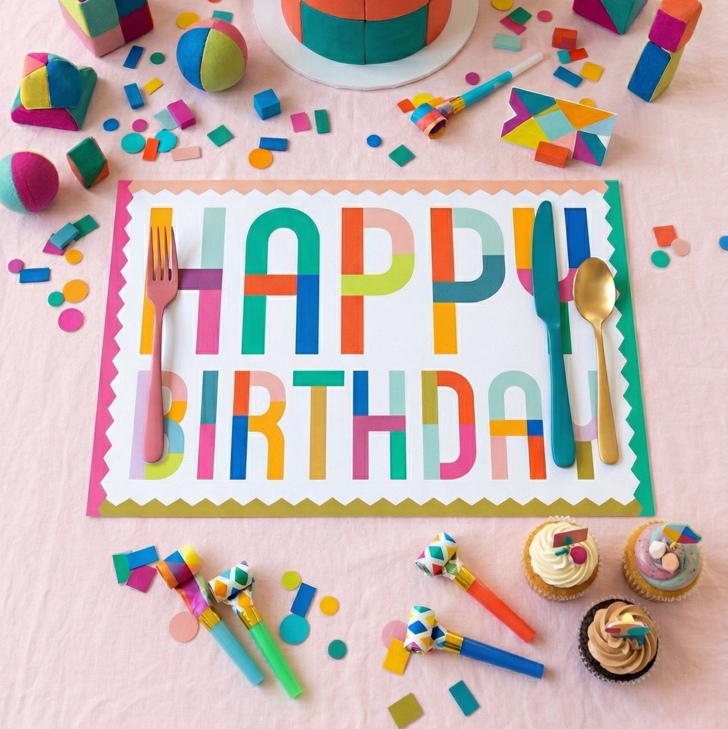 Happy Birthday paper placemat on a table.