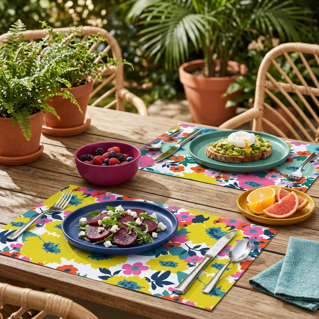Outdoor dining setup with colorful floral paper placemats, plates of food, and potted plants.