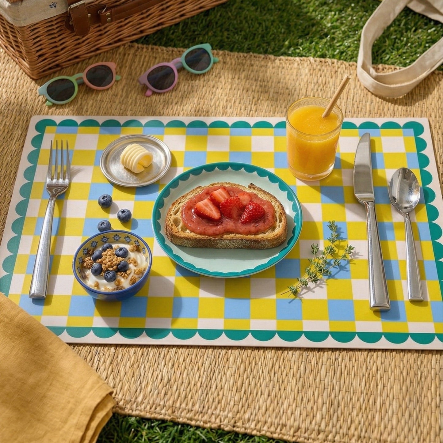Picnic setup with a basket, plates of food, and drinks on a checkered paper placemat on grass.