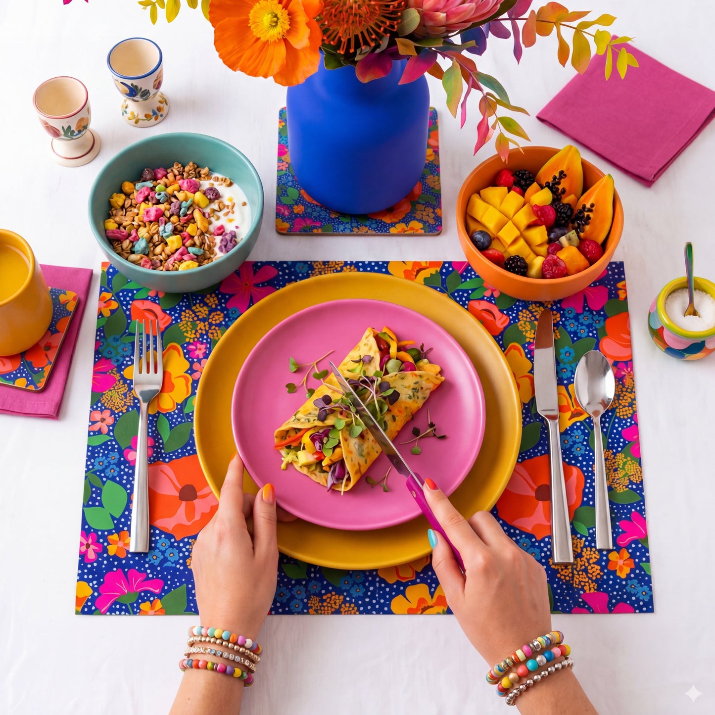 Colorful table setting with a floral arrangement, plates, and colorful floral paper placemat.