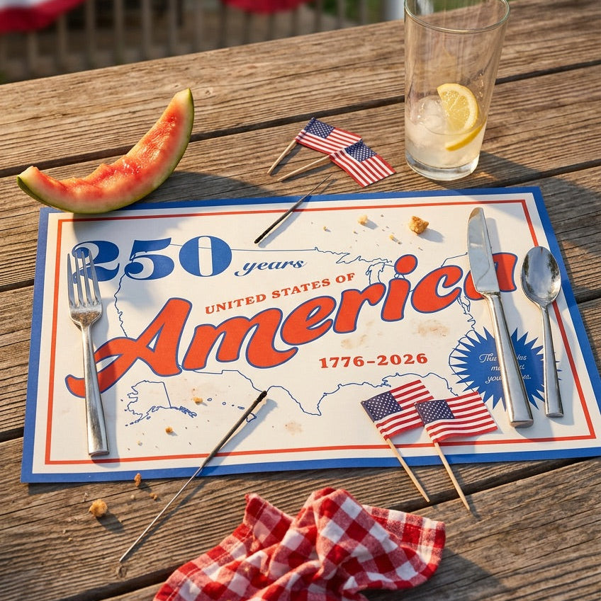 Table setting with a '250 years of America' paper placemat, cut watermelon, glass with lemon, and American flags.
