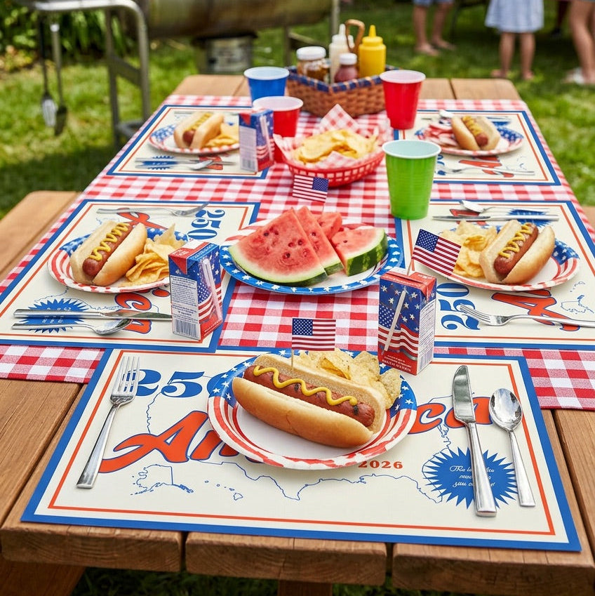 Outdoor picnic setup with hot dogs, watermelon, and American-themed tableware on a wooden table.