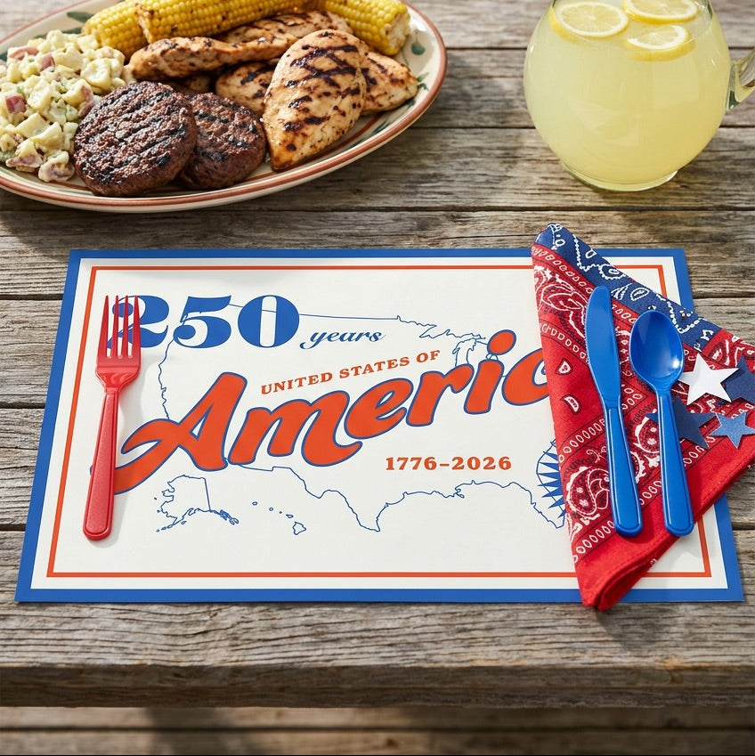 Outdoor setting with a plate of food, lemonade, and a paper placemat celebrating 250 years of the United States on a wooden table.