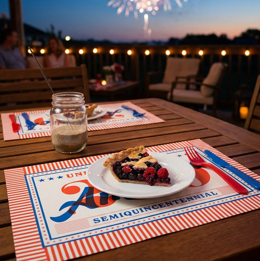 Outdoor setting with a table set for a meal, pie, and water, fireworks in the background.