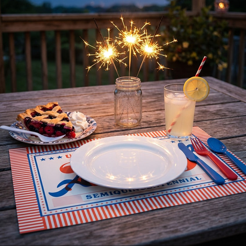 Outdoor setting with a table set for a meal, including a glass of lemonade, pie, and sparklers, with fireworks in the background.