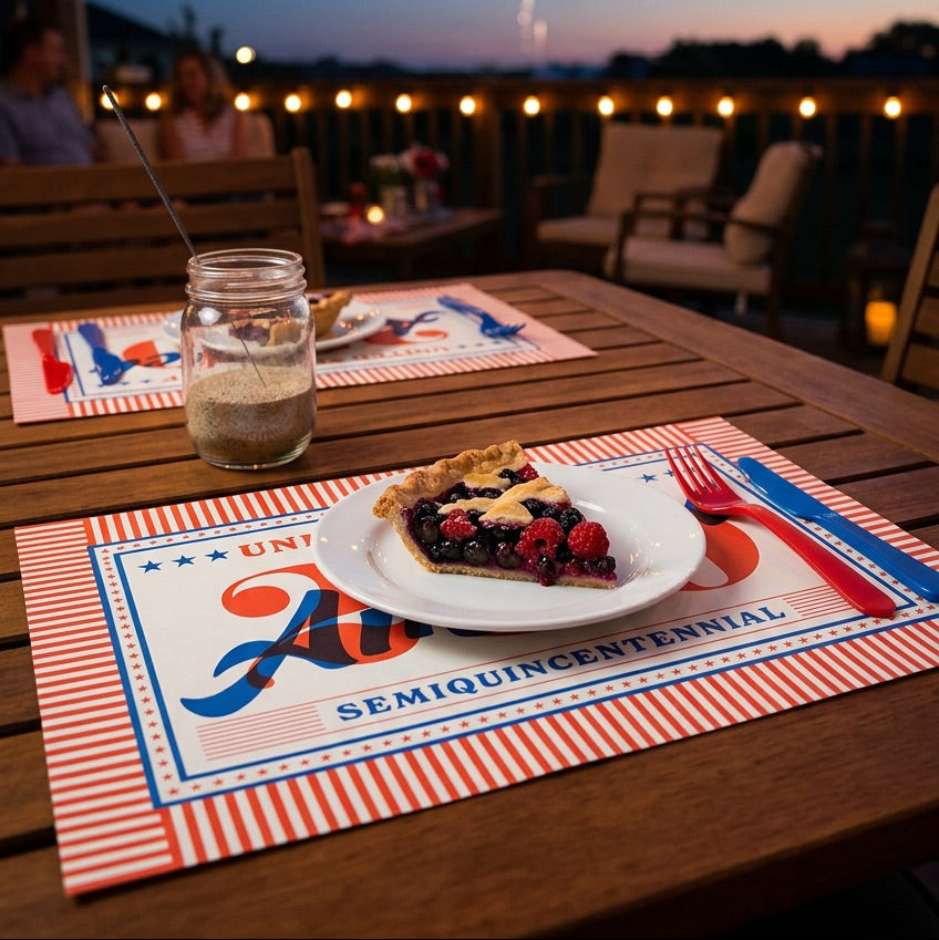 Outdoor setting with a table set for a meal, pie, and water, fireworks in the background.