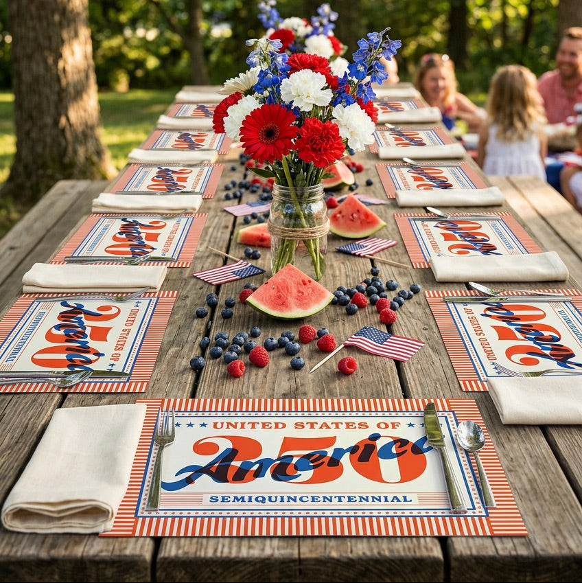 Outdoor table setting with July 4th decorations, including a floral centerpiece and 'United States of America' paper placemats.
