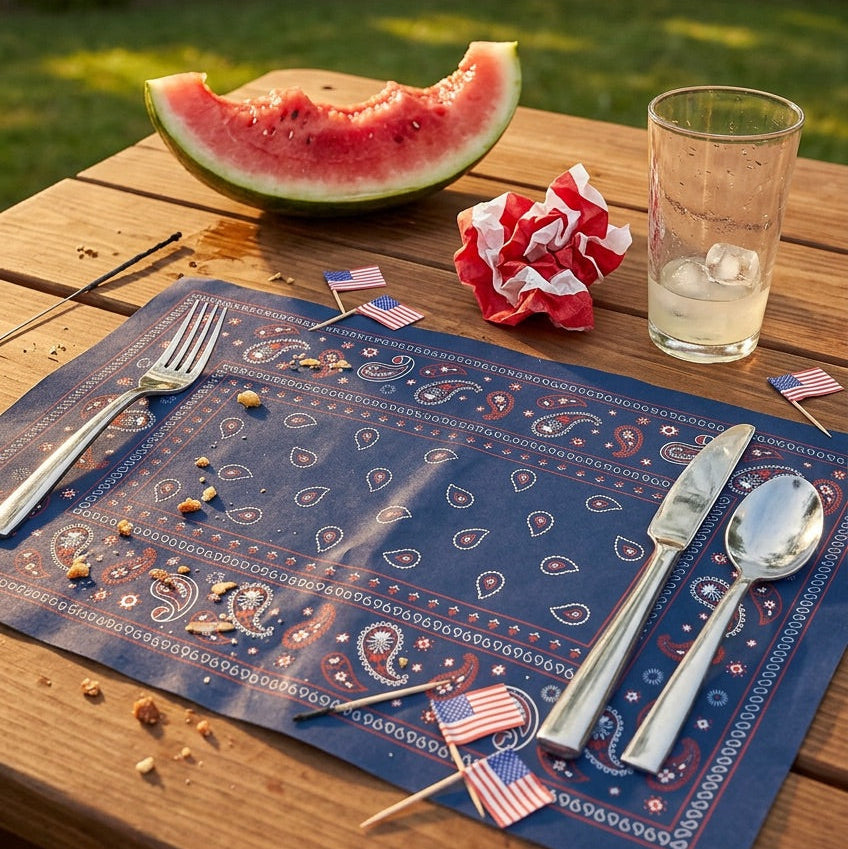 Outdoor setting with a half-eaten watermelon, glass of water, and patriotic paper placemats on a wooden table.
