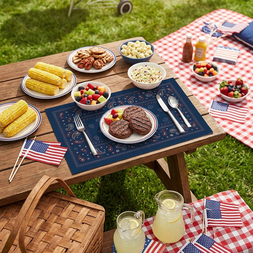 Picnic setup with food, drinks, and American flags on a grassy field
