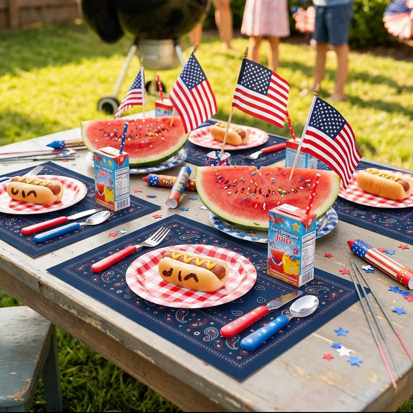 Outdoor setting with a grill, patriotic decorations, and food on a table.