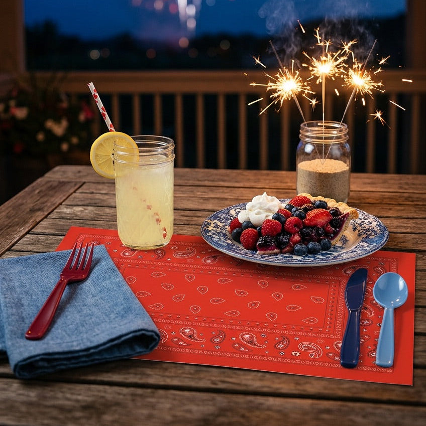 Outdoor dinner table with a glass of lemonade, dessert, and sparklers against a fireworks display.