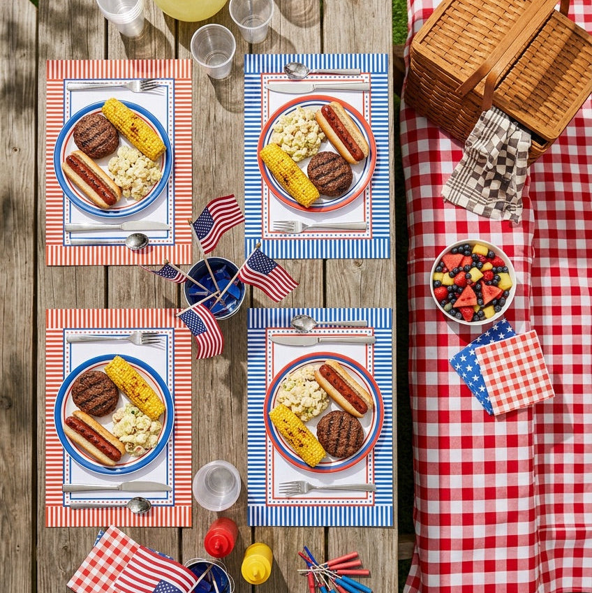 Outdoor picnic setup with plates of food, drinks, and decorative items on patriotic paper placemats.