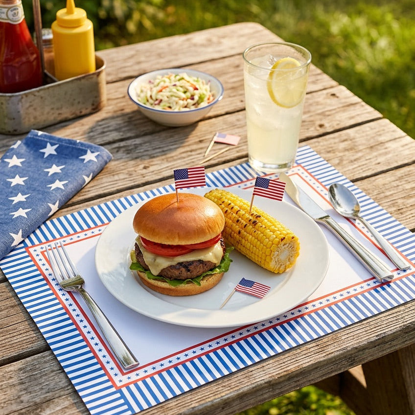 Outdoor setting with a burger, corn on the cob, and lemonade on a table with a patriotic theme paper placemat.