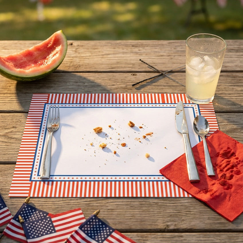 Outdoor table setting with American flags, patriotic paper placemats, watermelon, and a glass of lemonade.