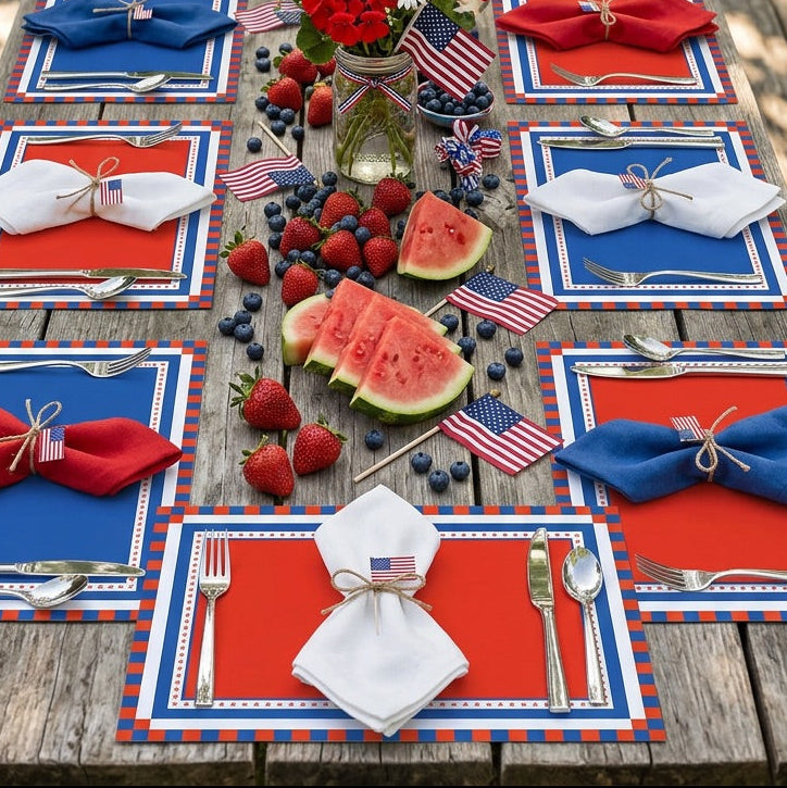 Outdoor table setting with red, white, and blue decorations, including watermelon, flowers, and American flags.