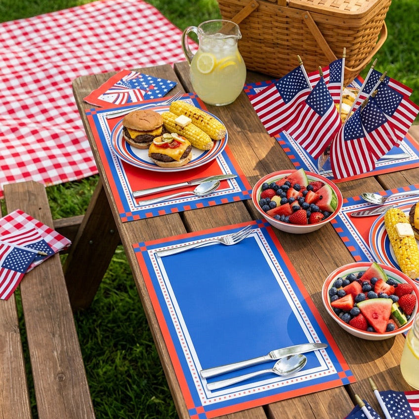 Outdoor picnic setup with paper placemats, American flags, and food on a grassy background.