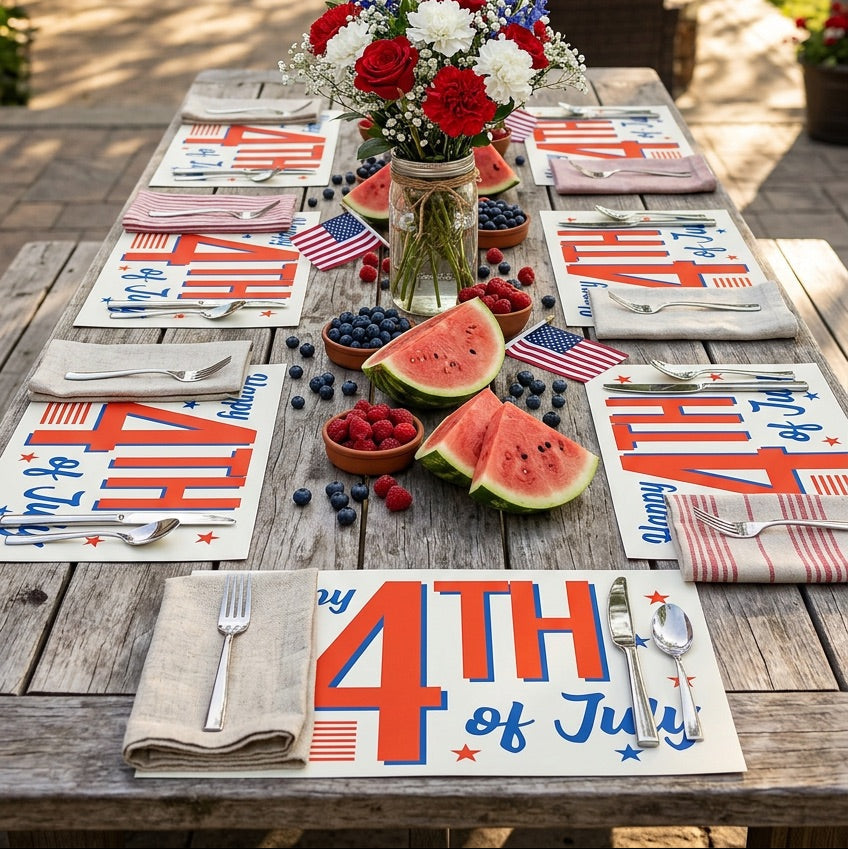 Outdoor table setting for a 4th of July celebration with decorative paper placemats, flowers, and watermelon.