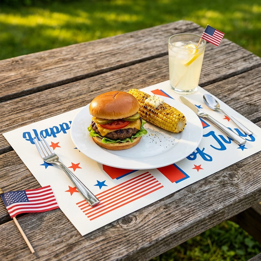 Hamburger and corn on the cob with a drink on a July 4th themed paper placemat outdoors.