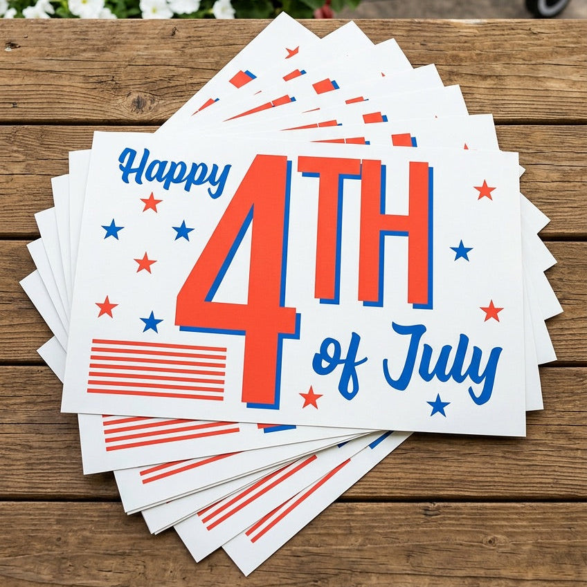 Stack of 'Happy 4th of July' paper placemats on a wooden surface.