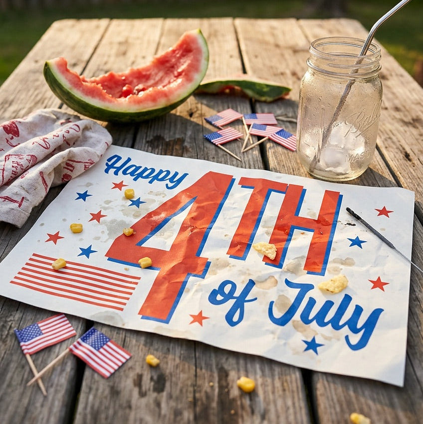 4th of July-themed paper placemat with watermelon, flags, and a decorative sign on a wooden table.