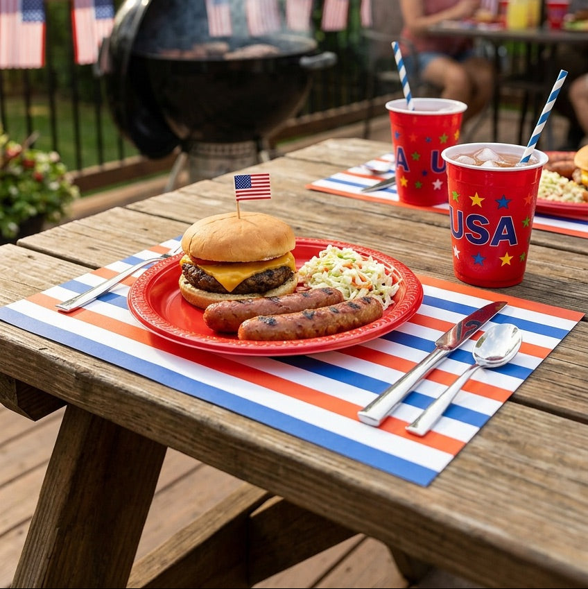 Outdoor setting with a grill, table with food, and people in the background
