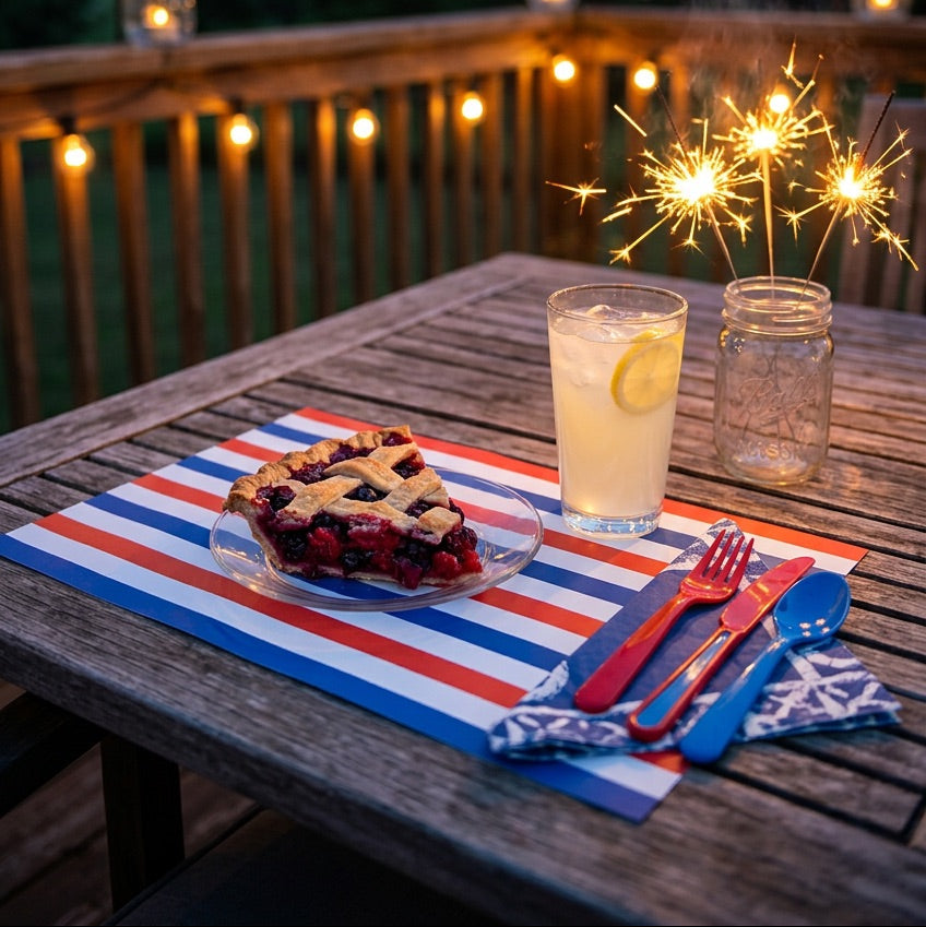 Outdoor setting with a table set for a meal, lemonade, and pie, with fireworks in the background.