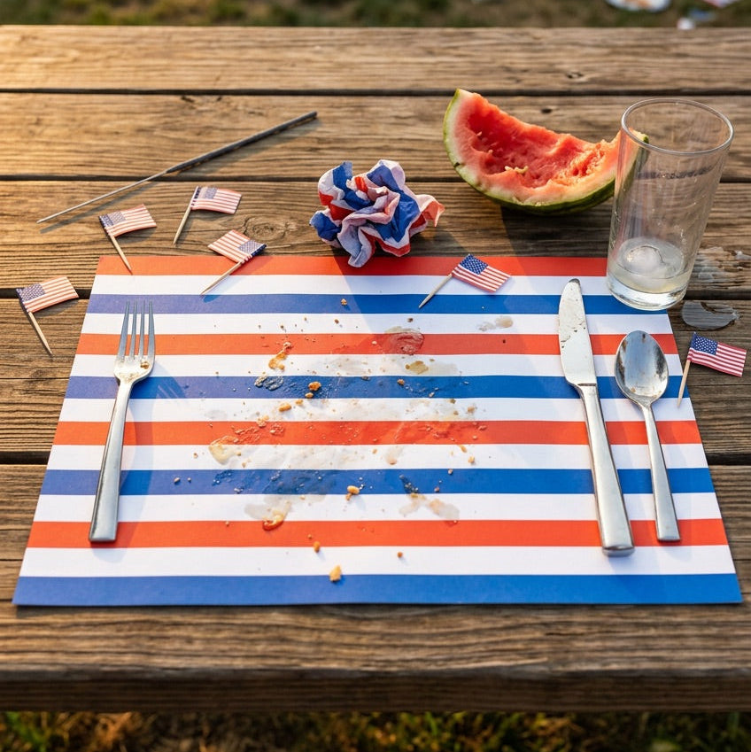 Dessert table with a watermelon, glass, and cutlery on a striped paper placemat outdoors.