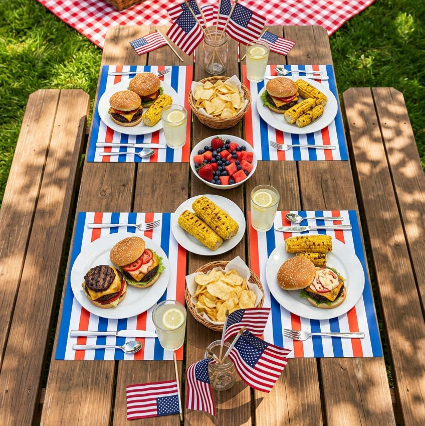 Picnic setup with food on a wooden table outdoors