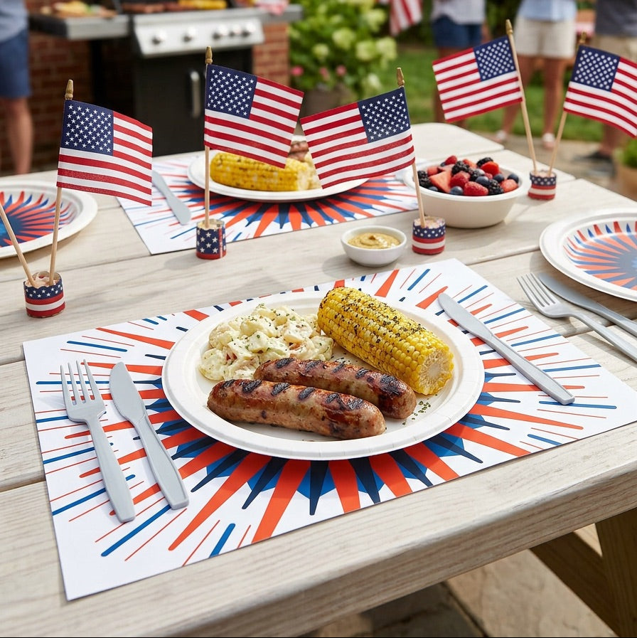 Outdoor setting with a table set for a meal, featuring plates with food, corn on the cob, and American flags. People are standing in the background.