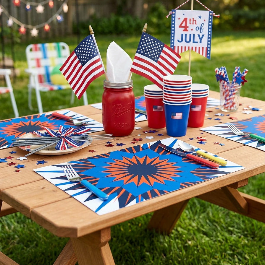 Picnic table set for a 4th of July celebration with American flags, red and blue cups, and placemats.