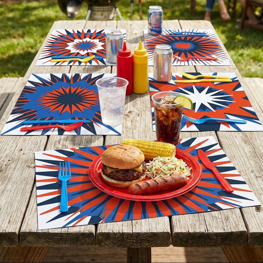 Outdoor dining setup with a grill, table, and food on a wooden table.