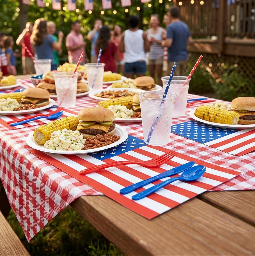 Outdoor gathering with a table set for a meal, featuring American flag paper placemats and patriotic decorations.