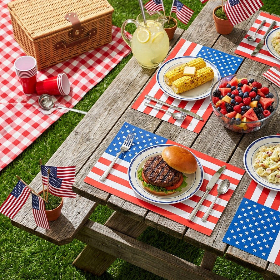 Picnic setup with food, drinks, and American flags on a wooden table outdoors.