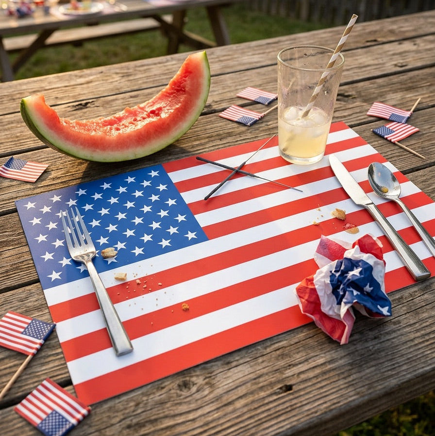 Outdoor table setting with American flag paper placemats, watermelon, and small American flags.