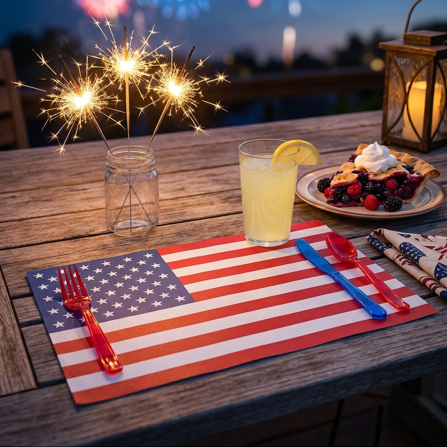 Outdoor celebration with fireworks, lemonade, pie, and sparklers on a table with an American flag paper placemat.