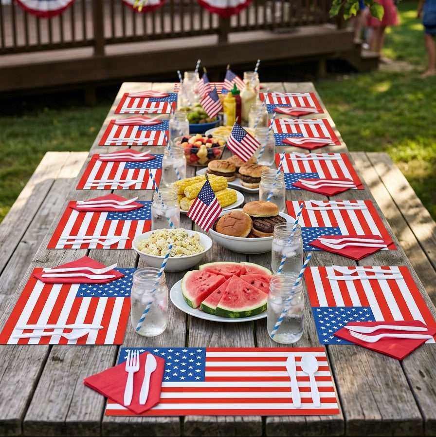 Outdoor table setting with American flag-themed placemats, food, and drinks on a wooden table.