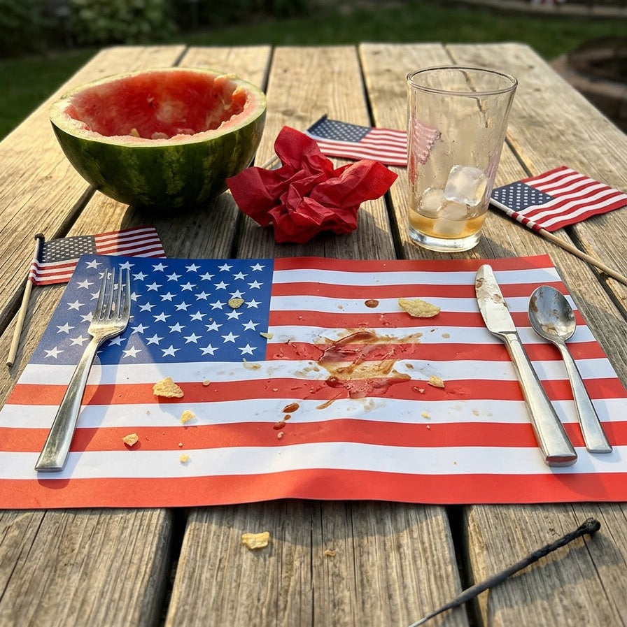 Outdoor setting with American flag paper placemat, watermelon, and glass on a wooden table.