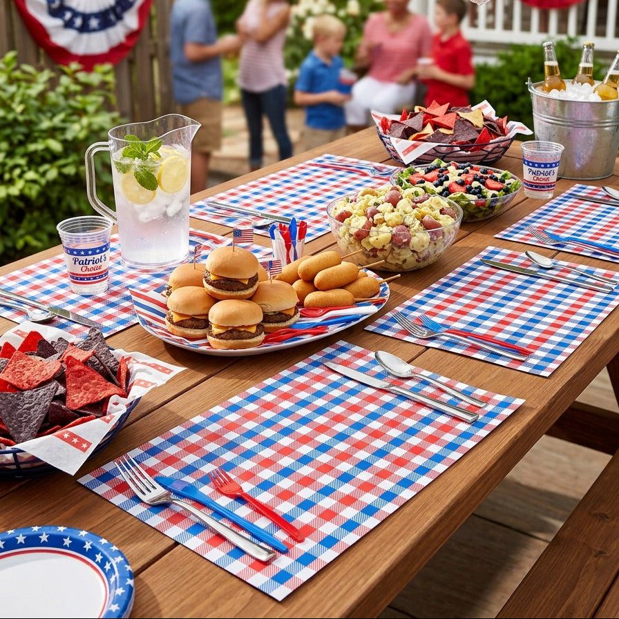 Outdoor picnic table set with food and drinks, featuring a patriotic theme.