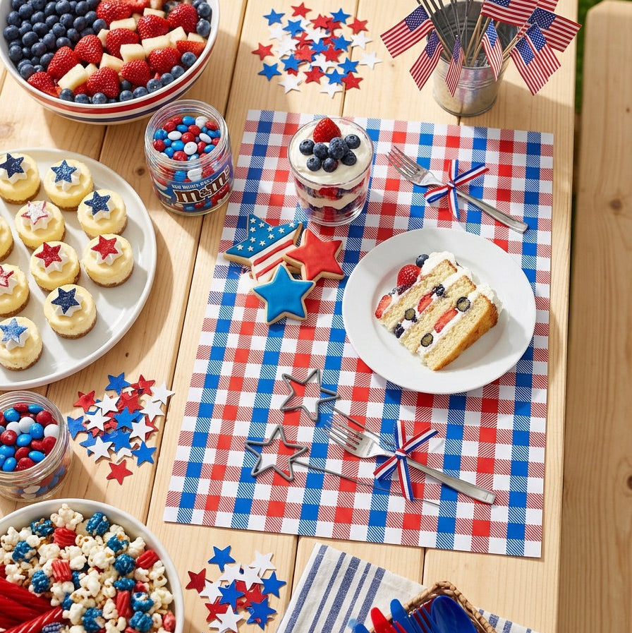 Table setting with red, white, and blue decorations and food on a checkered paper placemat.