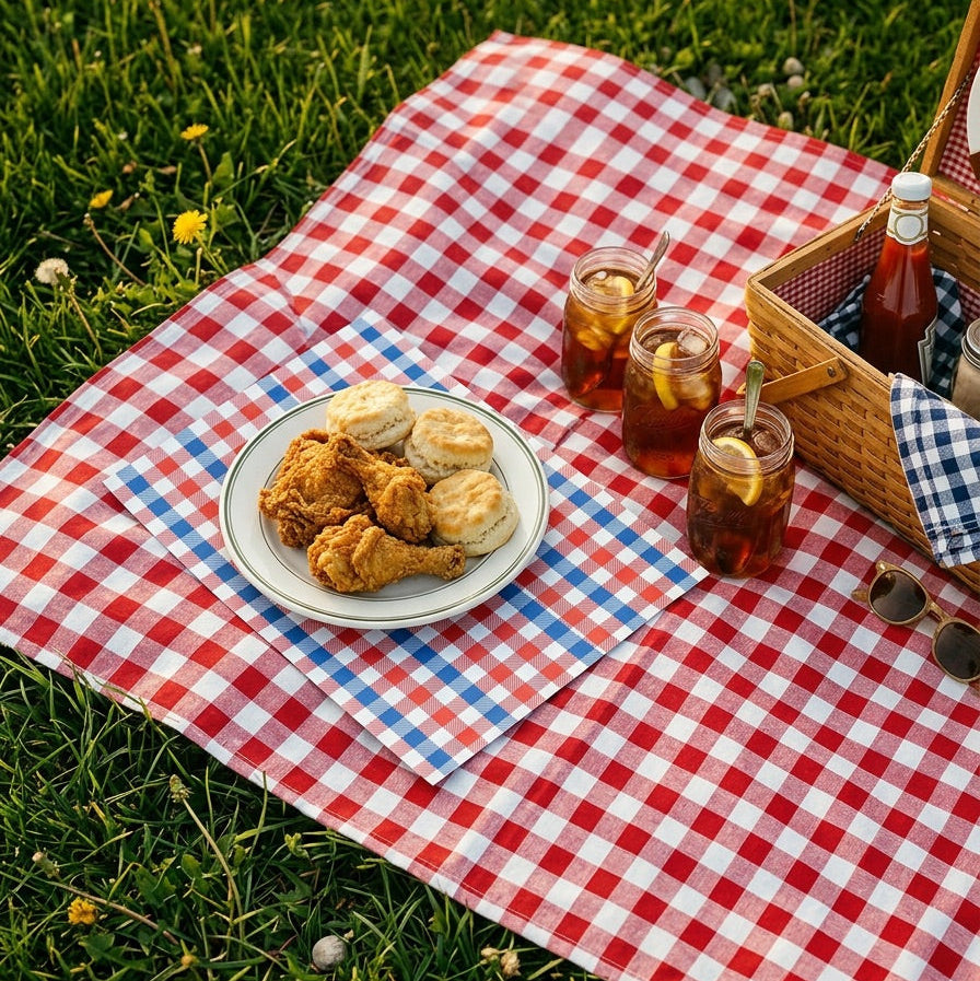 Picnic setup with fried chicken, biscuits, and iced tea on a red and white checkered blanket.