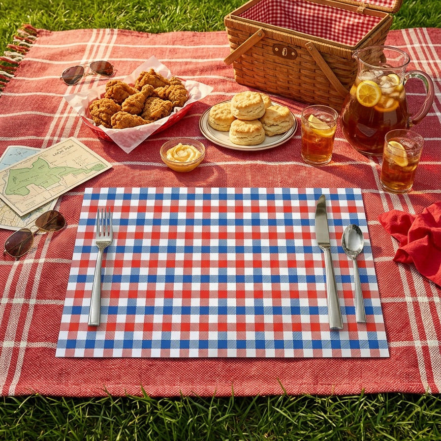 Picnic setup with food, drinks, and cutlery on a checkered paper placemat outdoors.