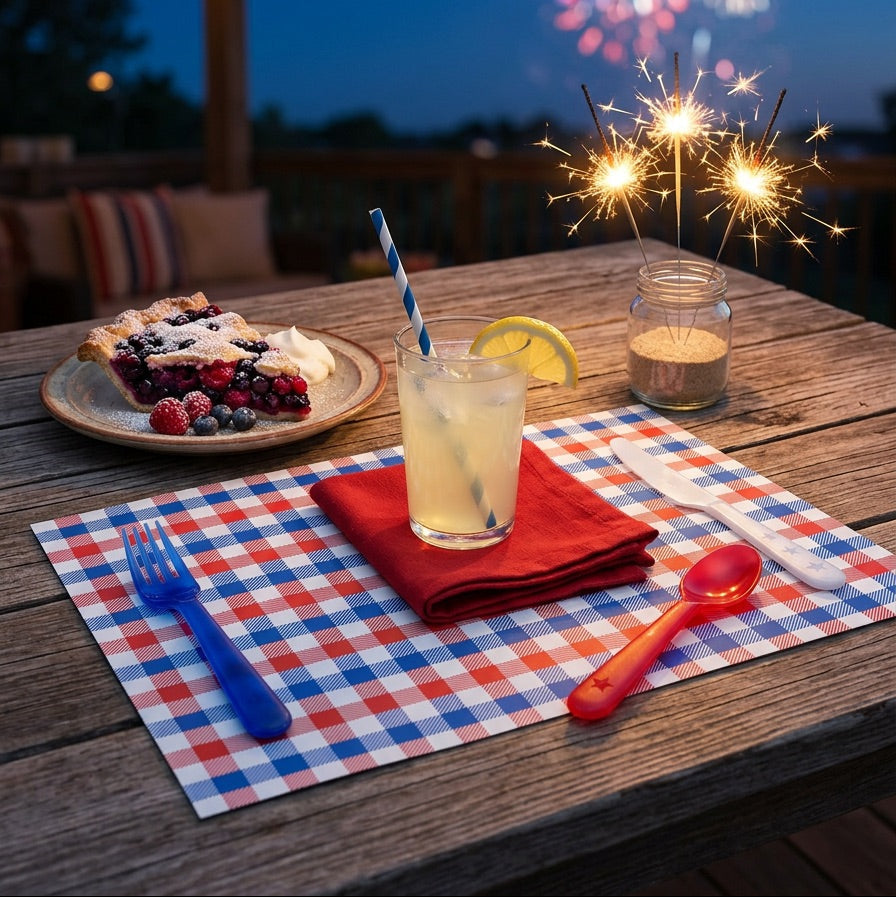 Outdoor table setting with pie, lemonade, and sparklers during a fireworks display.