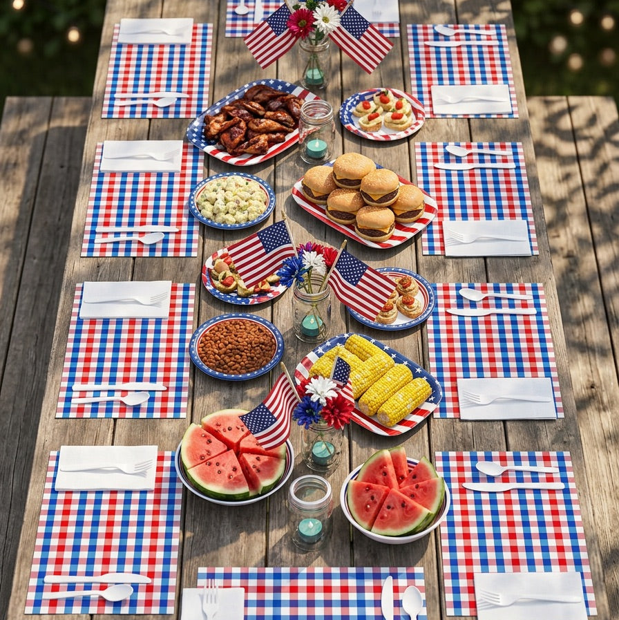 Outdoor table set for a patriotic celebration with food and decorations.