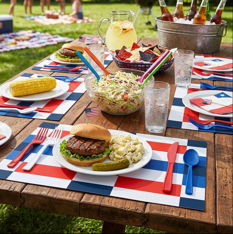 Outdoor picnic setup with a table laden with food, drinks, and patriotic paper placemats.