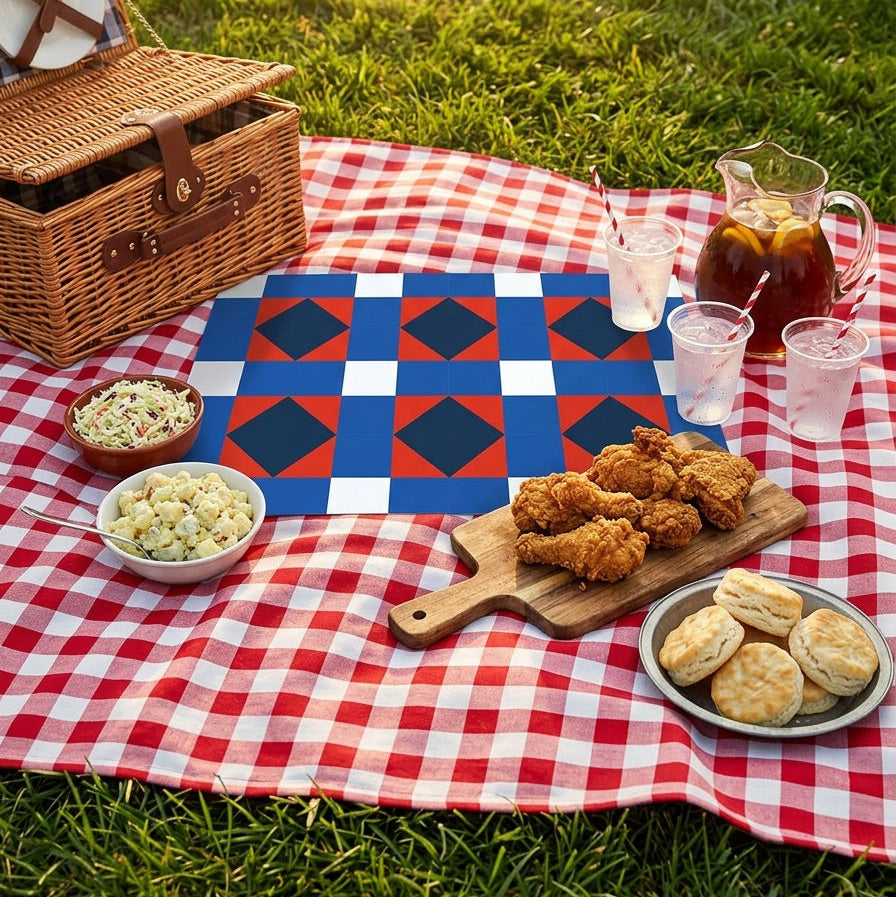 Picnic setup with food and drinks on a red and white checkered blanket and a patriotic paper placemat in a park.