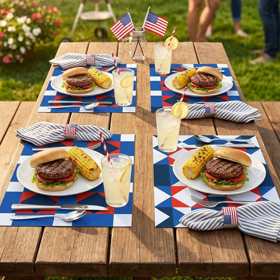 Outdoor dining setup with burgers, corn on the cob, and drinks on a wooden table set with paper placemats.